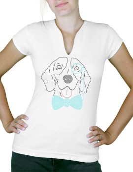 Chien monocle  strass - T-shirt femme Col V