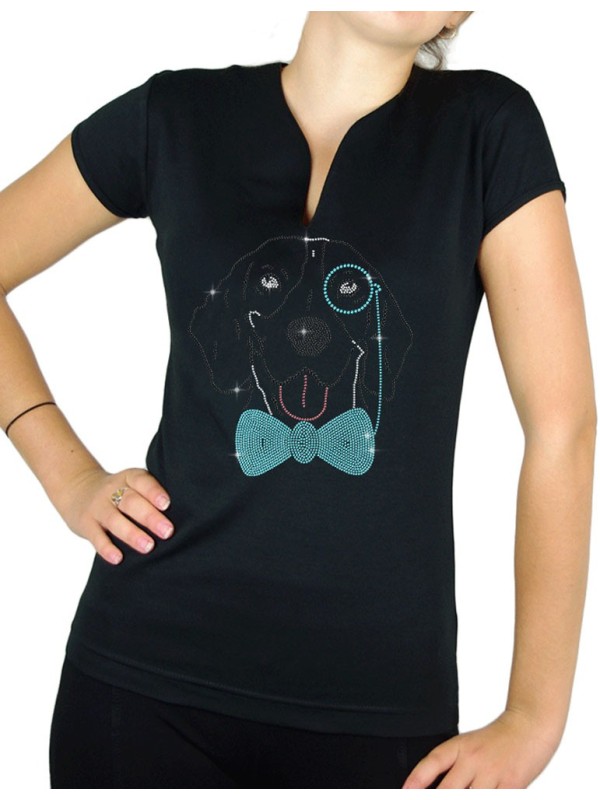 Chien monocle  strass - T-shirt femme Col V