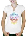 Tête de Mort Mexicaine Mluticolre - T-shirt femme Col V