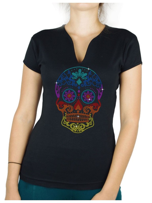 Tête de Mort Mexicaine Mluticolre - T-shirt femme Col V