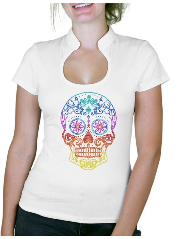 Tête de Mort Mexicaine Multicolore - T-shirt femme Col Omega