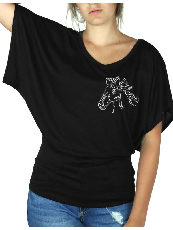 Tête de Cheval Strass - T-shirt femme Manches Papillon